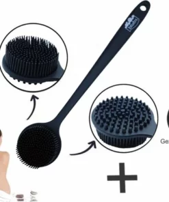 Blubs® – Badborstel – Dry Brush – Rug Scrubber – Lichaamsborstel – Rugborstel Douche Met Steel – Huidborstel – Rugborstel Kunststof – Badborstel Met Steel – Doucheborstel Met Steel – Siliconen Borstel – Droogborstel – Massage – Zwart