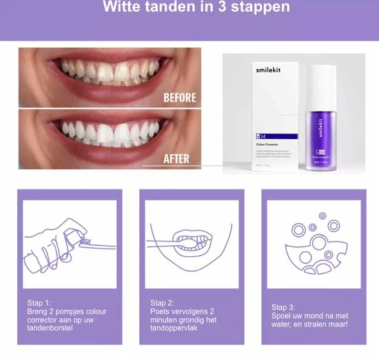 Smilekit V34 Colour Corrector Serum - Witte Tanden - Paarse Tandpasta - Teeth Whitening - Hismile 7 Smilekit V34 Colour Corrector Serum - Witte Tanden - Paarse Tandpasta - Teeth Whitening - Hismile - Afbeelding 7