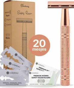 Bamboozy Safety Razor + 20 Scheermesjes Aluminium Rose Gold Goud Voor Vrouwen Dames Venus Scheermes Veiligheidsscheermes