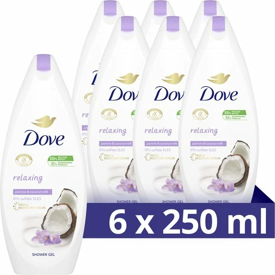 Dove Kokosmelk & Jasmijnblaadjes Relaxing Douchegel - Voordeelverpakking - 6 X 250 Ml 1 Dove Kokosmelk & Jasmijnblaadjes Relaxing Douchegel - Voordeelverpakking - 6 X 250 Ml