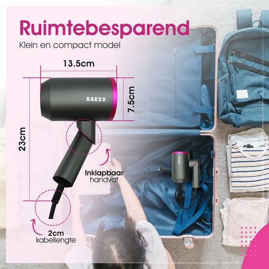 BAESS Föhn Met Diffuser - Haardroger Inklapbaar - Ionische Föhn - 3 Standen - Reis Fohn - Mannen & Vrouwen 5 BAESS Föhn Met Diffuser - Haardroger Inklapbaar - Ionische Föhn - 3 Standen - Reis Fohn - Mannen & Vrouwen - Afbeelding 5