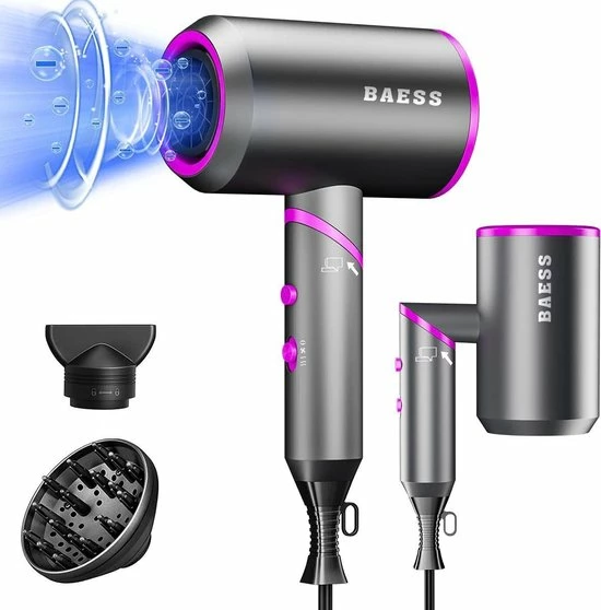 BAESS Föhn Met Diffuser - Haardroger Inklapbaar - Ionische Föhn - 3 Standen - Reis Fohn - Mannen & Vrouwen 1 BAESS Föhn Met Diffuser - Haardroger Inklapbaar - Ionische Föhn - 3 Standen - Reis Fohn - Mannen & Vrouwen
