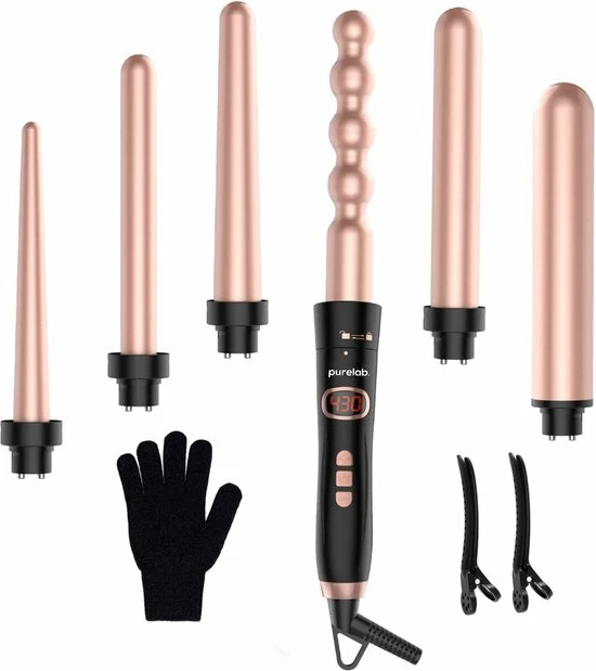 Purelab 6-in-1 Keramische Krultang - Haarkruller Met Opzetstukken - Incl. Handschoen En Haarclips - Curling Iron - 120-220°C 1 Purelab 6-in-1 Keramische Krultang - Haarkruller Met Opzetstukken - Incl. Handschoen En Haarclips - Curling Iron - 120-220°C
