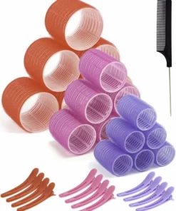 PrimeAmbition Krulspelden Set – 18 Stuks – 3 Maten – Heatless Curls – Haarrollers – Haarkruller – Kleefrollers – Inclusief Kam En 12 Haarklemmen